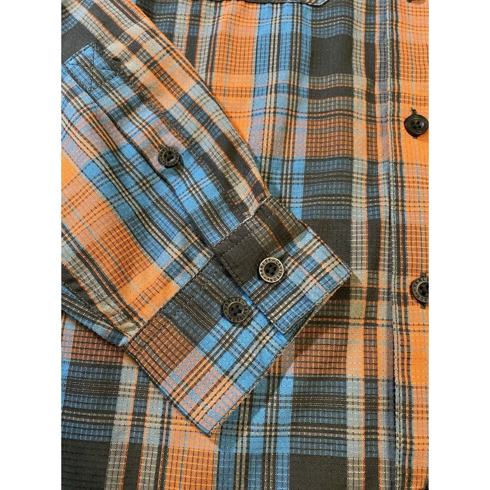 Harley Davidson Men M Performance Plaid Shirt Long Sleeve Orange Blue Back Logo - Picture 4 of 9